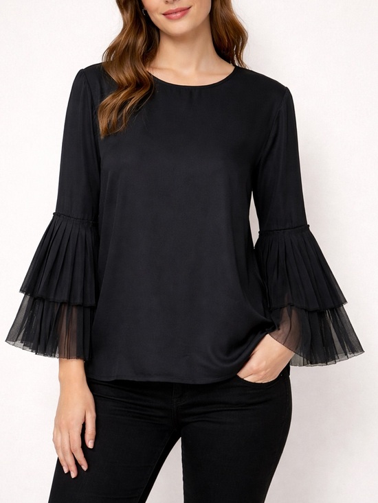 J Mclaughlin Tops - J. McLaughlin Black 3/4 Layered Ruffle Sleeves Silk Blend Blouse size Small